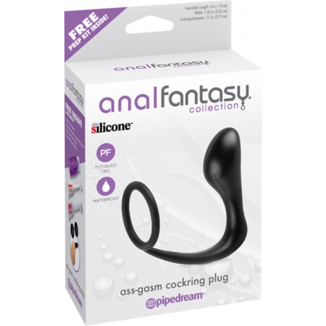 black silicone cock ring with stimulating anal butt plug
