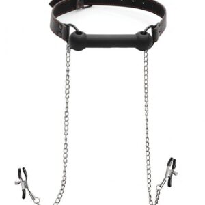 Black Silicone Bit Gag with Nipple Clamps 2