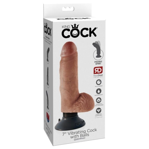 King Cock 7Inch Vibrating Cock with Balls - Tan - Image 2